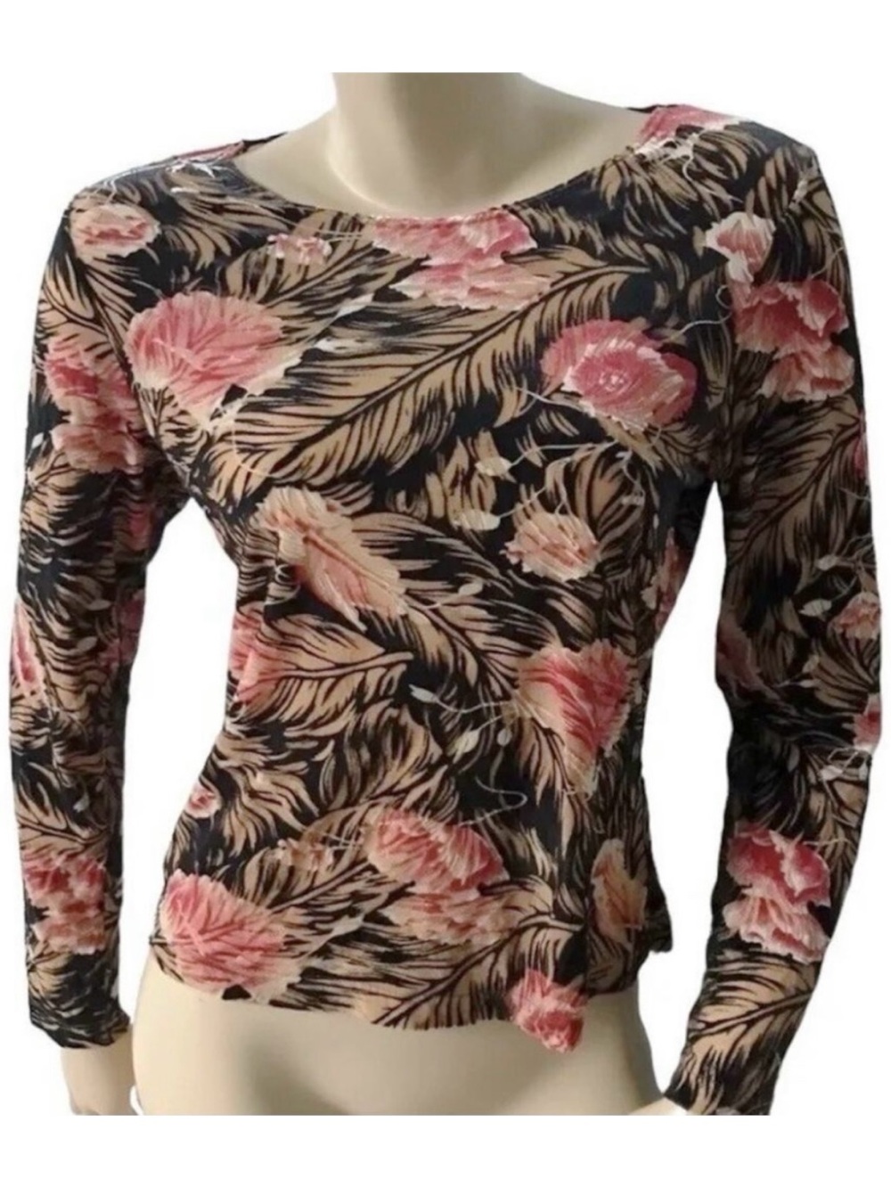 JTB Floral Top Womens Petite PL Sheer Long Sleeve Velvet Trim Stretch Slim